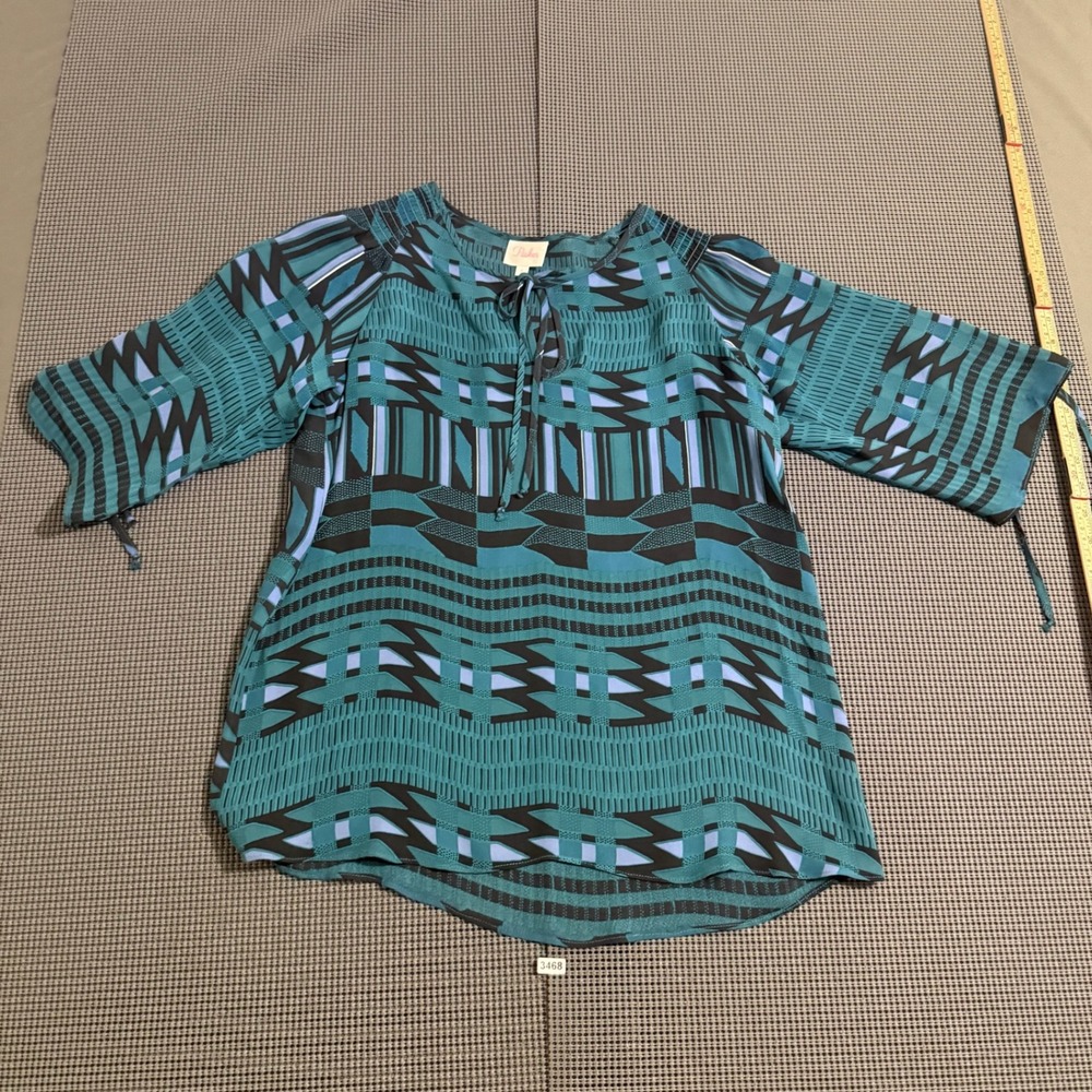 Parker Womens Teal Black Geometric Print Tie Neck Blouse Size S